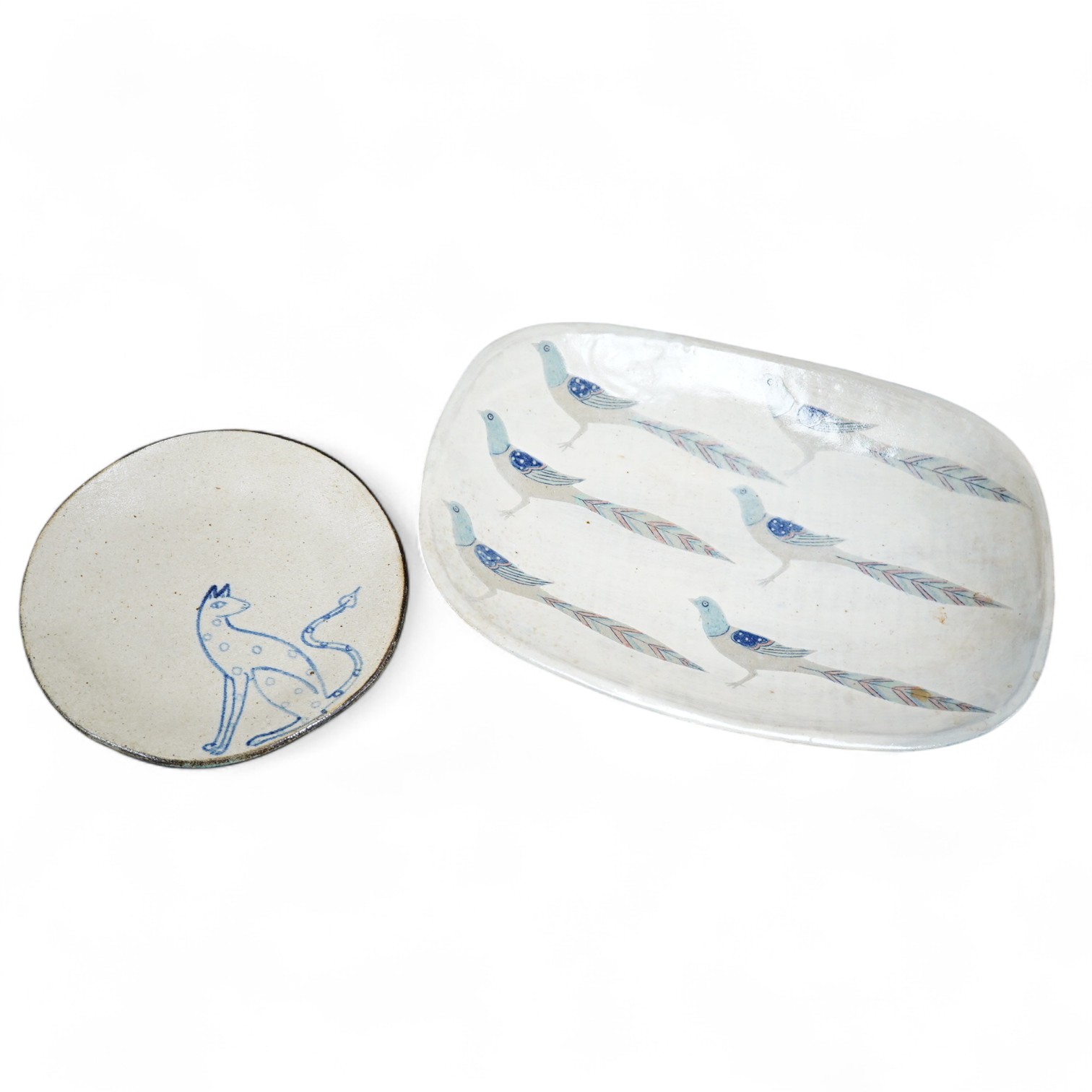 Jill Fanshawe Kato (b.1943), two studio pottery dishes, one decorated with pheasants, impressed marks to the bases, largest 34cm wide